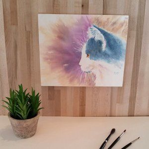 Cat Watercolor Print-Mounted on Wood Panel. 8" x 10"